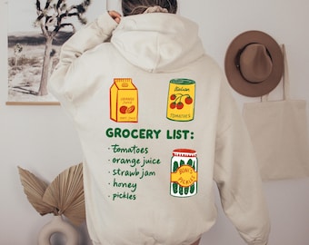 Grocery List Hoodie, Funny Food Graphic Shirt, Retro Market Design, Kitchen Theme Casual Style
