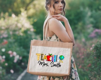 Custom Teacher Jute Bag, Teacher Appreciation Jute Bag, Personalized Teacher Name Bag, Teacher Gift, Elementary Teacher Jute Bag