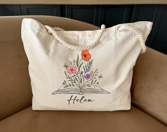 Floral Book Tote Bag,Custom Books Tote Bag ,Book Lover Gift,Book Club Gifts,Librarian Appreciation Gift,Bookworm Gift,Book Lover,Bookish Bag