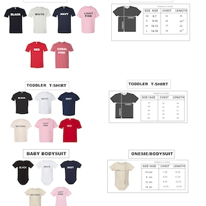 May include: A variety of youth, toddler, and baby apparel in various colors, including black, white, navy, and pink. The image includes t-shirts, bodysuits, and size charts with measurements in inches for chest and length.