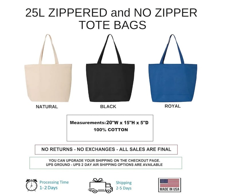 K&ouml;nnte beinhalten: Drei Tragetaschen in Natur, Schwarz und K&ouml;nigsblau. Die Taschen bestehen aus 100 % Baumwolle und messen 51cm B x 38cm H x 13cm T. Der Text "25L ZIPPERED and NO ZIPPER TOTE BAGS" steht oben. Die Texte "NATURAL", "BLACK" und "ROYAL" stehen darunter.