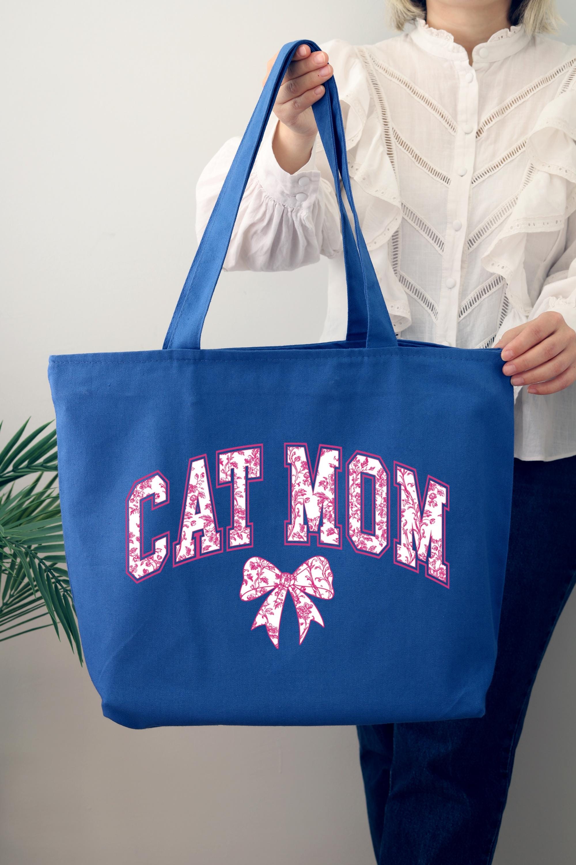Cat Mom Pink Coquette Bow Tote Bag, Chinoiserie Cat Mom Bag, Retro