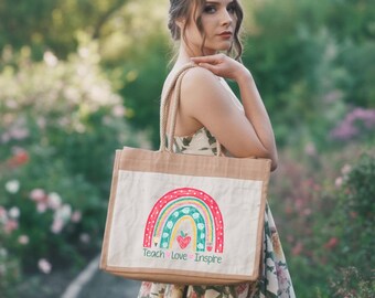Teacher Jute Bag, Teacher Appreciation Jute Bag, Teacher Gift, Pencil Rainbow Jute Bag, Appreciation Gift, Teach Love Inspire Bag