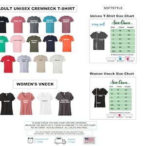 May include: A product image showcasing a variety of t-shirts in different colors, including black, coral pink, and navy. The image also features size charts for unisex and women's v-neck t-shirts, with measurements in inches. Text on the image includes "Adult Unisex Crewneck T-Shirt" and "Women's Vneck".