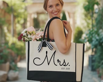 Mrs. Est 2026 Tote Bag, Mrs Tote Bag Gifts, Honeymoon Gift, Mrs. Bride Gifts Bag,Gift for Bride Bag,Bride Tote Bag,Personalized Date Wedding