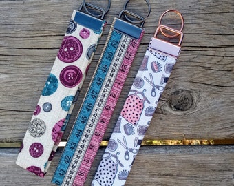 Sewing Print Key Fob Wristlet: Cotton Fabric Keychain