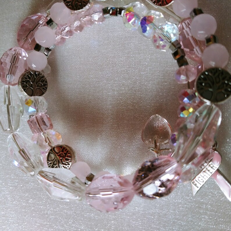 Breast Cancer Awareness Ribbon Memory Wire Wrap Bracelet Earrings Set Tree of Life Fighter Ribbon Charm Rose Quartz Gemstones Crystals Glass