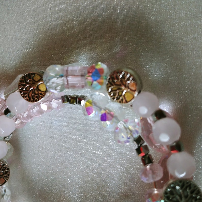Breast Cancer Awareness Ribbon Memory Wire Wrap Bracelet Earrings Set Tree of Life Fighter Ribbon Charm Rose Quartz Gemstones Crystals Glass