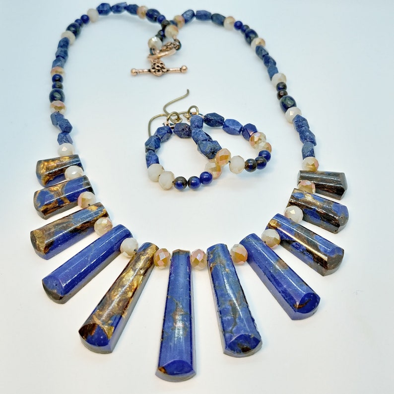 Lapis Lazuli Bronzite Austrian Faceted Crystal Handcrafted Beaded Jewelry set Graduated Collar Necklace Pierced Earrings Genuine Gemstones