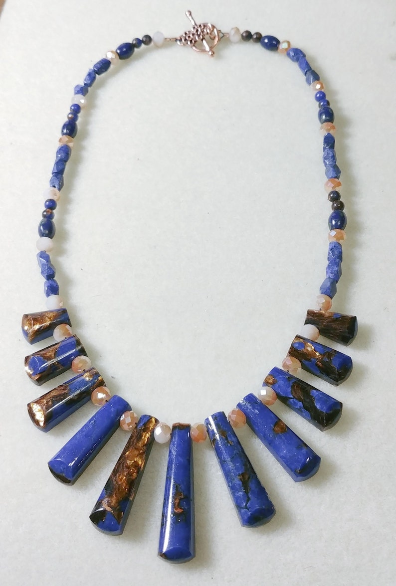 Lapis Lazuli Bronzite Austrian Faceted Crystal Handcrafted Beaded Jewelry set Graduated Collar Necklace Pierced Earrings Genuine Gemstones