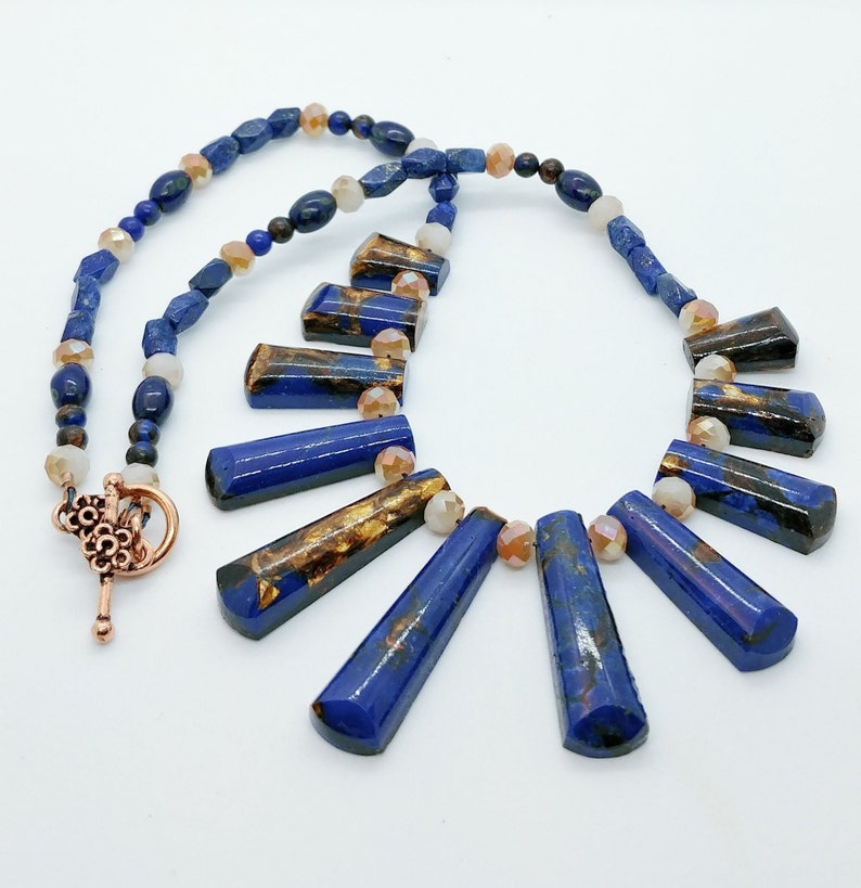 Lapis Lazuli Bronzite Austrian Faceted Crystal Handcrafted Beaded Jewelry set Graduated Collar Necklace Pierced Earrings Genuine Gemstones