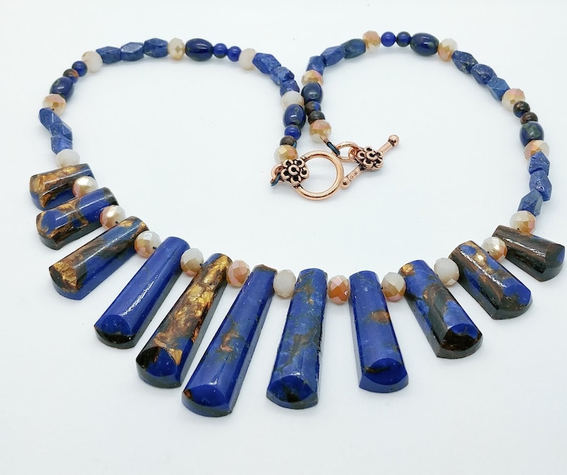Lapis Lazuli Bronzite Austrian Faceted Crystal Handcrafted Beaded Jewelry set Graduated Collar Necklace Pierced Earrings Genuine Gemstones