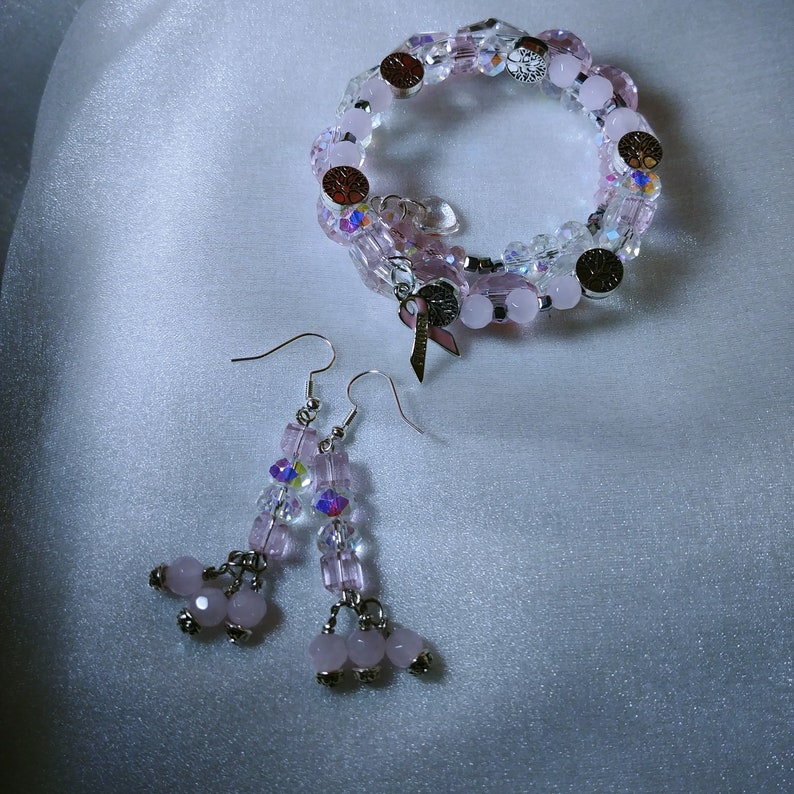 Breast Cancer Awareness Ribbon Memory Wire Wrap Bracelet Earrings Set Tree of Life Fighter Ribbon Charm Rose Quartz Gemstones Crystals Glass