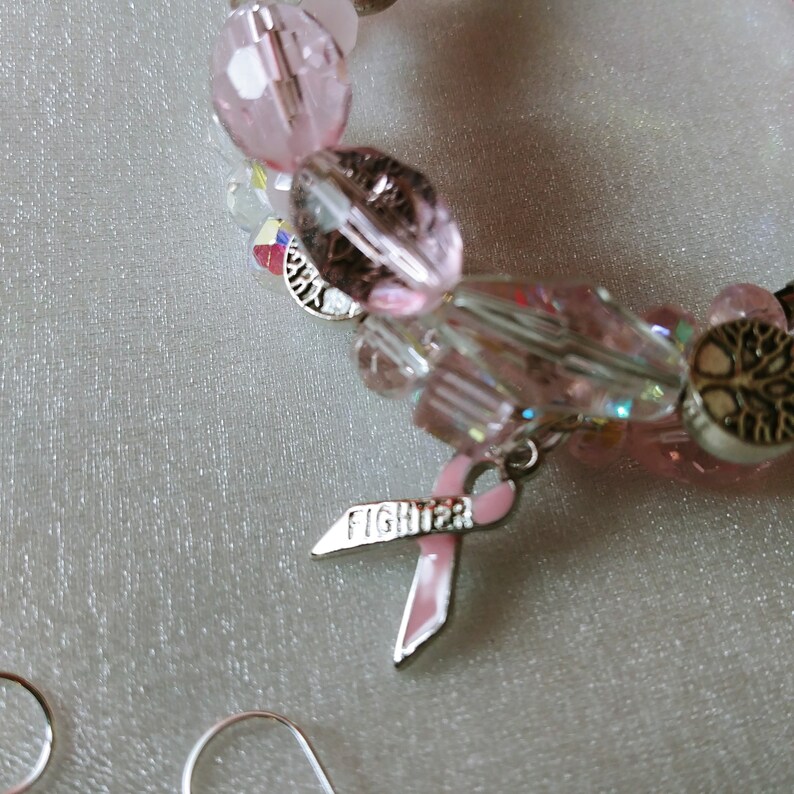 Breast Cancer Awareness Ribbon Memory Wire Wrap Bracelet Earrings Set Tree of Life Fighter Ribbon Charm Rose Quartz Gemstones Crystals Glass