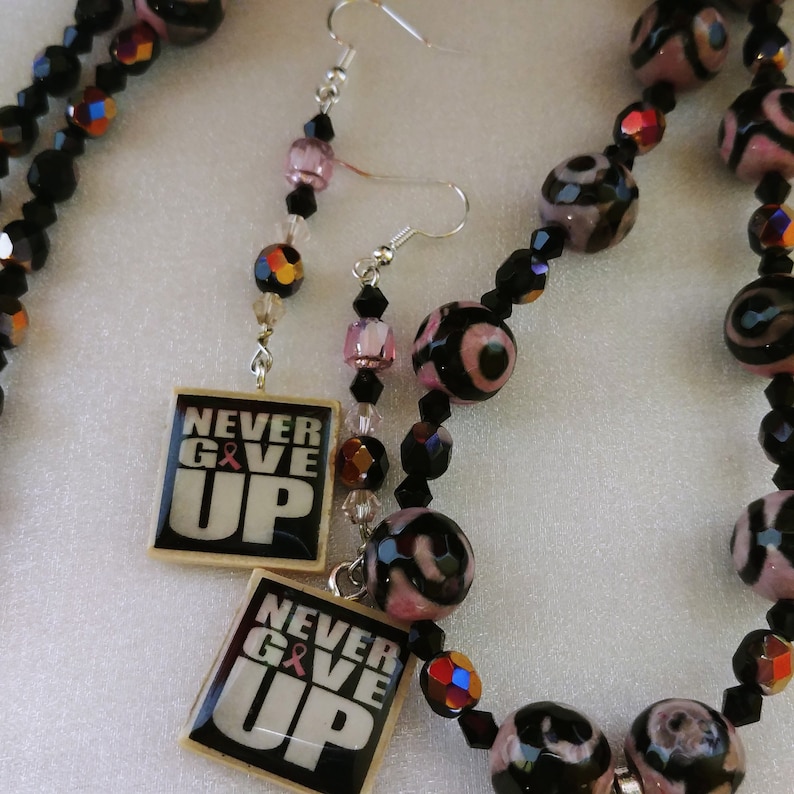 25 inch Breast Cancer Awareness Necklace Earrings Set Pink Ribbon Never Give Up Domino Scrabble Tile One of a Kind Handmade Black and Pink