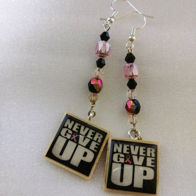 25 inch Breast Cancer Awareness Necklace Earrings Set Pink Ribbon Never Give Up Domino Scrabble Tile One of a Kind Handmade Black and Pink