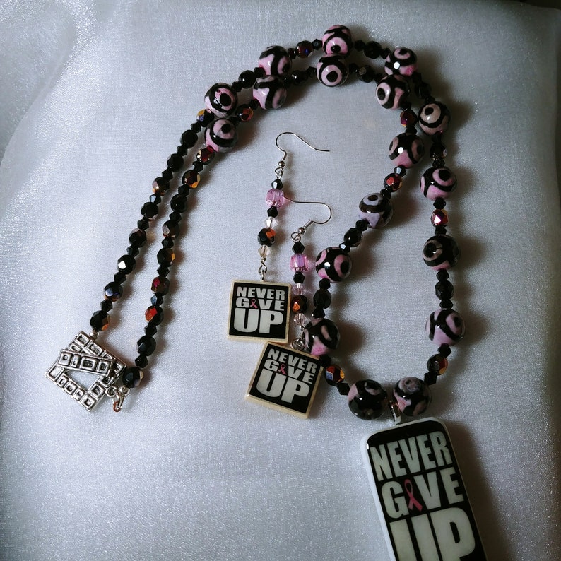 25 inch Breast Cancer Awareness Necklace Earrings Set Pink Ribbon Never Give Up Domino Scrabble Tile One of a Kind Handmade Black and Pink