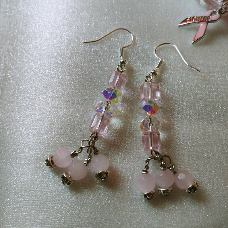 Breast Cancer Awareness Ribbon Memory Wire Wrap Bracelet Earrings Set Tree of Life Fighter Ribbon Charm Rose Quartz Gemstones Crystals Glass