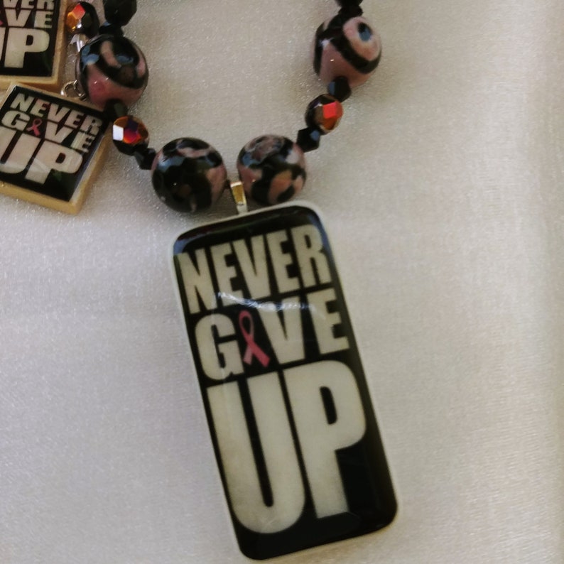 25 inch Breast Cancer Awareness Necklace Earrings Set Pink Ribbon Never Give Up Domino Scrabble Tile One of a Kind Handmade Black and Pink
