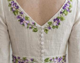 VIOLET Long Sleeve Linen Wedding Dress, Floral Waist Embroidery Bridal Gown, Cottagecore Wedding Dress, Modest Bridal Dress