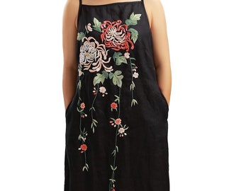 Hand Embroidered Linen Sundress: Long Sleeve Floral Midi Dress