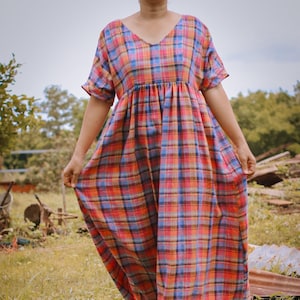 Pink Plaid Linen Babydoll Drop Shoulder Maxi Dress - Summer Cottagecore Maternity Nursing Friendly Dress -  Oversized voluminous Gift