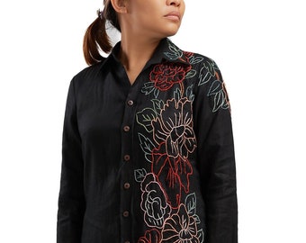 Embroidered Linen Shirt Dress: Floral Midi Babydoll Style