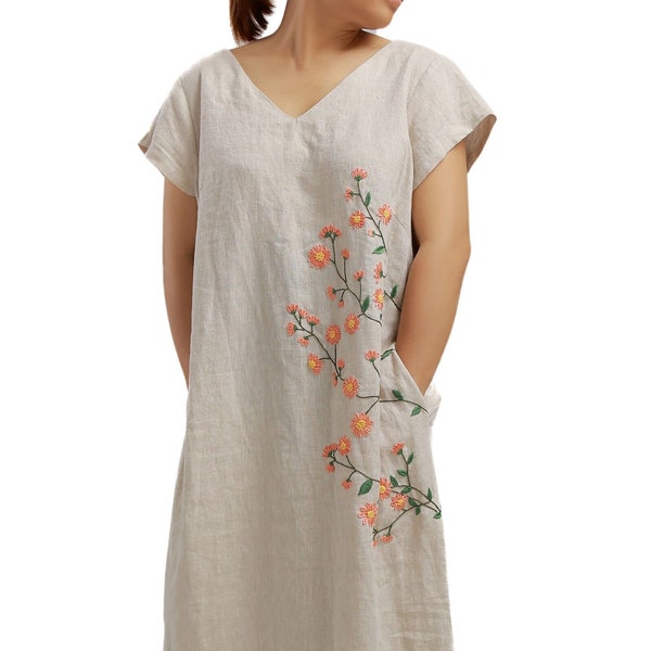 NATURAL LINEN TUNIC Dress V Neck Front and Back Floral Hand Embroidery - Wedding Guest Dress Personalized Gift For Sister