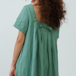 LINEN SHORT DRESS with bow and Ruffle in the back/ Linen dress with square neckline and open back for woman/ Wedding guest dress