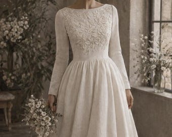 Embroidered Linen Wedding Dress ANNELYSE, Long Sleeve Puff Sleeve Bridal Gown, Rose Embroidery, Boho Rustic Wedding Dress
