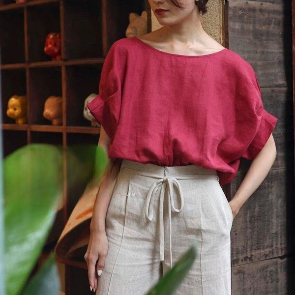 LINEN BOAT NECKLINE Top, Crinkled Linen Shirt with Puff Sleeves, Oversized Linen Top with Sculpted Sleeves, Linen Blouse