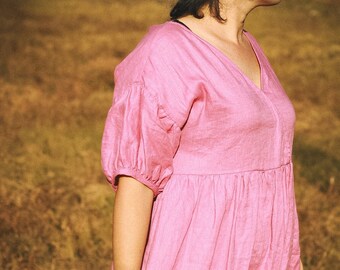 Pink Linen Babydoll Dress: Oversized Midi with Puffed Sleeves