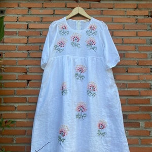 LINEN BABY DOLL dress embroidered floral, long dress, Linen dress for woman, Autum dress, Christmas Gift, Wedding guest dress Birthday gift