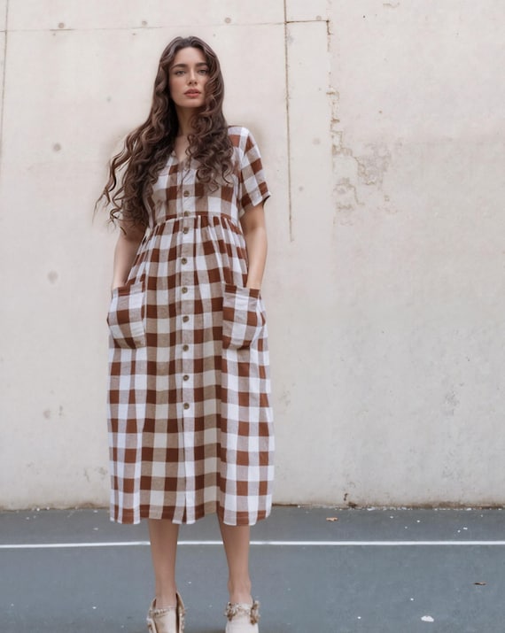 Gingham Linen Oversized Dress: V-neck Earth Tone Loungewear