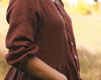 Linen Maxi Dress: Long Ruffle Sleeves, Fit and Flare
