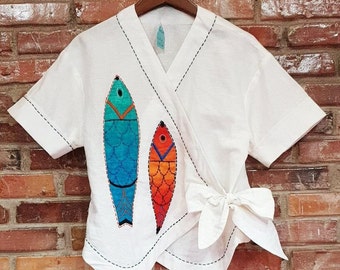 Linen Wrap Blouse Hand Embroidered - Whimsical Unique Top Design with Bow tie - Cottagecore Boho - Mother's Day Gift For Mom