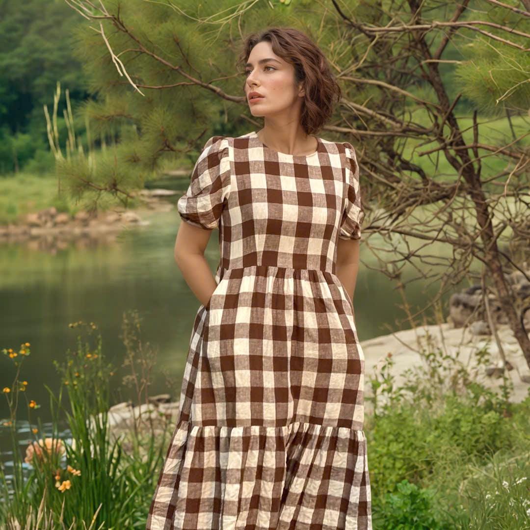 brown gingham.dress Gingham Linen Maxi Dress: Cottagecore Plaid Tiered Loungewear size:XL size perfect for effortless style. Blush Bridesmaid Hand Embellished INV-47462102