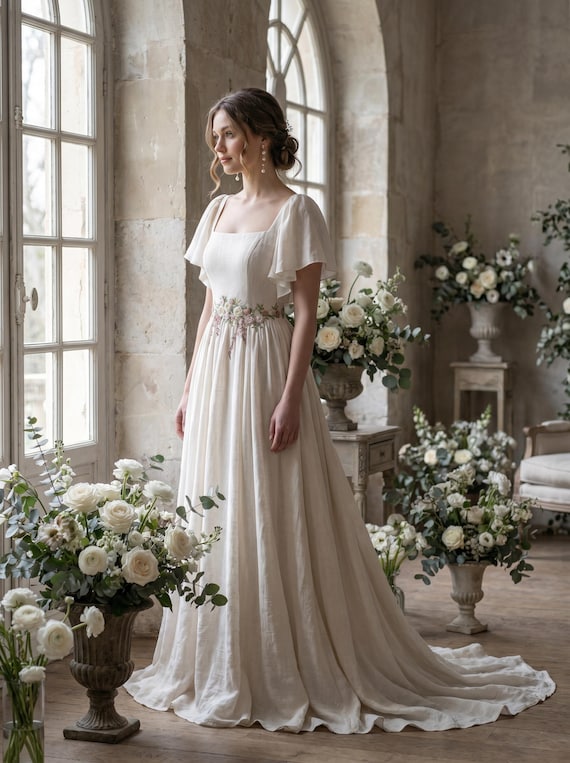 romantic ivory dress CATHERINE Rustic Linen Flutter Sleeves Elopement & Floral Embroidered Waist | Bridal Gown filter_colour_gold