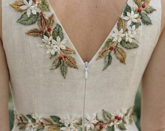 Vestido de novia MARYLYNE de lino con bordado floral en la cintura, vestido de novia alternativo para fugarse de casa