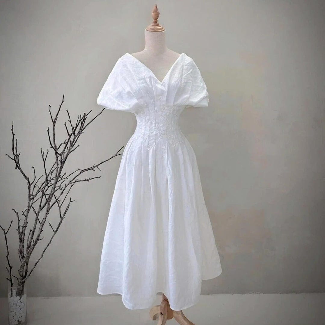 Straight Midi Dress With Linen And Embroidery