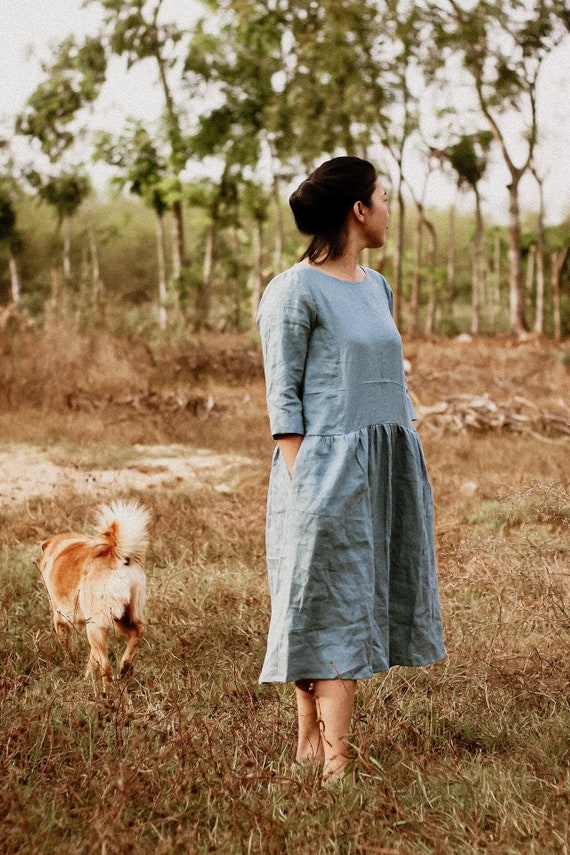Linen Smock Dress: Dusty Blue Fit & Flare Midi with Pockets