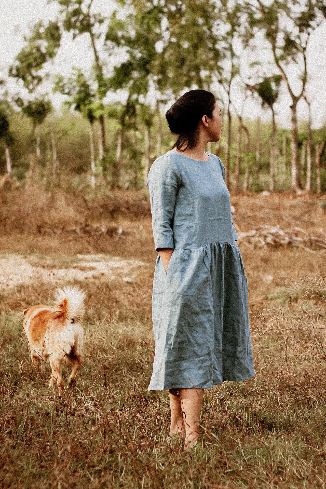 dusty blue linen dress TulaRose Nanette Anthropologie Midi Dress XS Cut Out Dusty Blue Linen