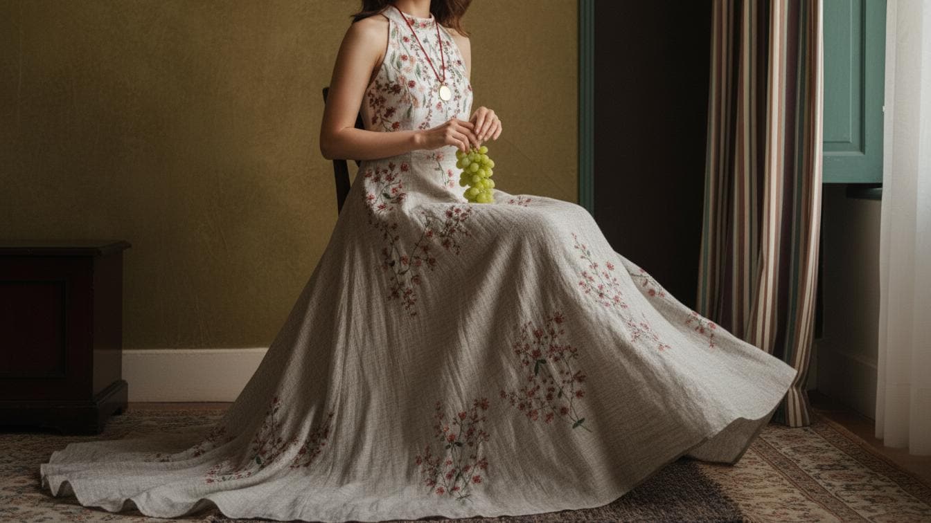 Rustic vintage 100% linen floral wedding dress, hand embroidery wildflower, halter neck linen open back bridal gowns