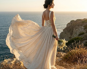 SHERAPHINE Hand-Embroidered Linen Corset Wedding Dress, Basque Waist Bridal Gown, Romantic Boho Style