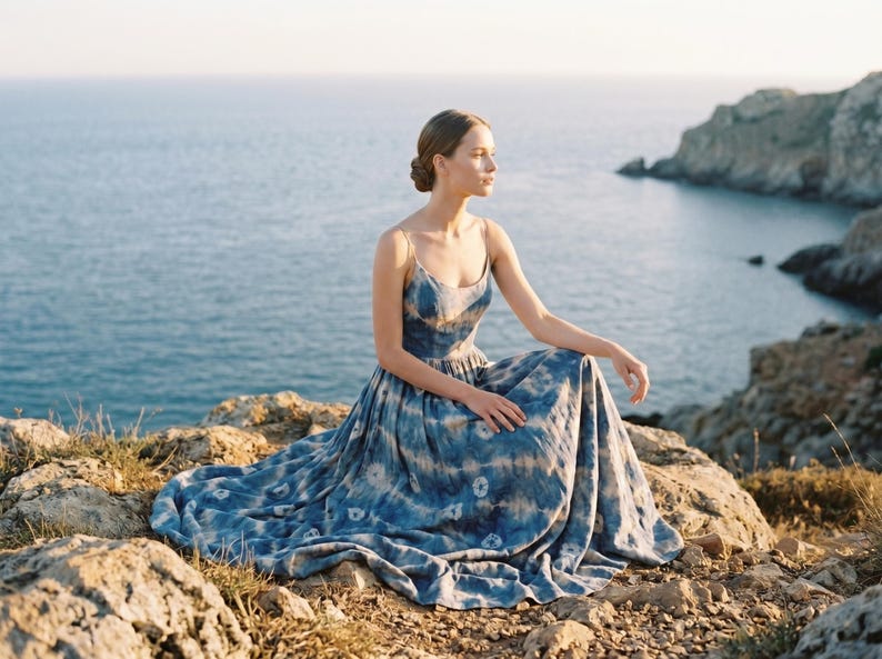 May include: A woman wearing a blue and white tie-dye maxi dress sits on a rocky cliff overlooking the ocean. The dress has spaghetti straps and a flowing skirt. The sky is clear and the water is calm.
