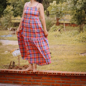 ADJUSTABLE STRAP MAXI Linen Plaid Dress - Cottagecore Triple Gauze Beach Dress - Personalized Gift for Mom - Slow fashion Natural