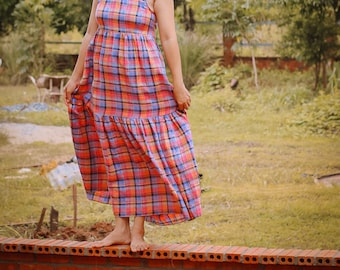 Linen Plaid Maxi Dress: Adjustable Strap Cottagecore Gauze Dress