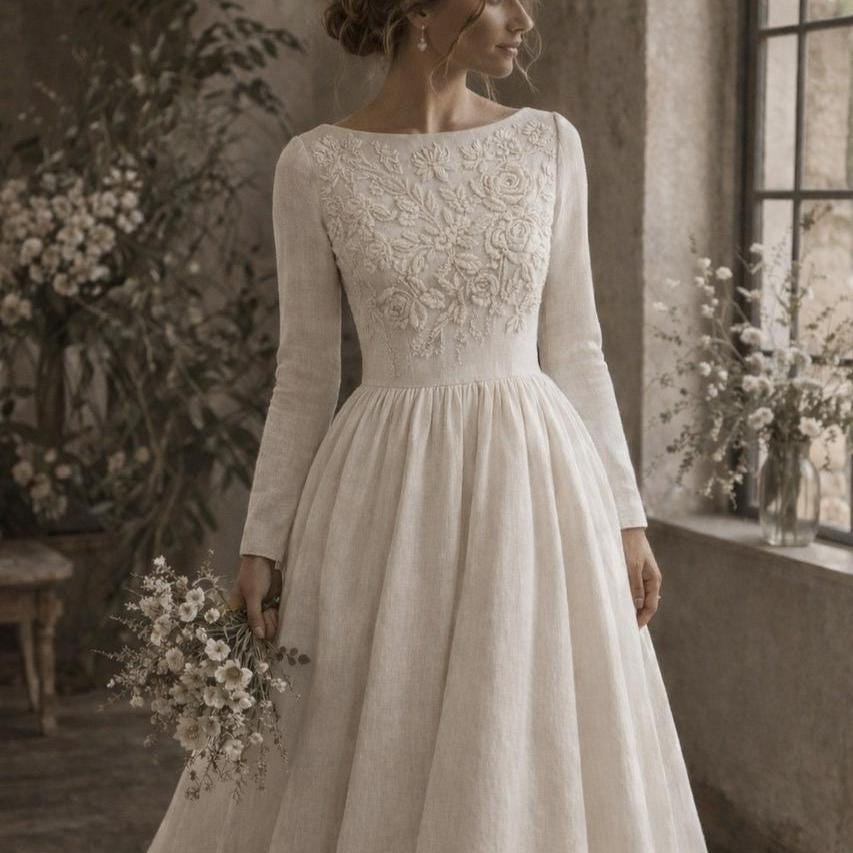 Embroidered Linen Wedding Dress ANNELYSE, Long Sleeve Puff Sleeve Bridal Gown, Rose Embroidery, Boho Rustic Wedding Dress