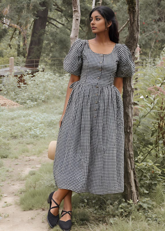 dawn midi dress in brown gingham reviews Brown Gingham Shirred Eliza Midi Dress