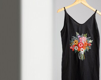 Handmade Linen Sundress: Floral Embroidery, Midi Babydoll Style